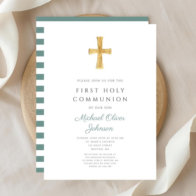 Den moderna Grönten Rand Kor Boy First Communion Inbjudningar (Modern Green Stripes Cross Boy First Communion Invitation)