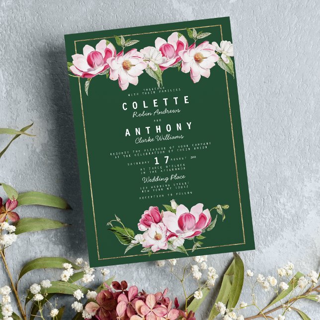 Den moderna Grönten Rosa Guld Blommigt Bröllop Inbjudningar (Modern Forest Green Pink Gold Floral Wedding)
