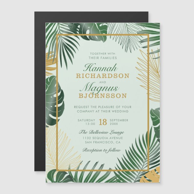 Den moderna Grönten Tropical Handflatan Löv Trendi Magnetisk Inbjudningskort (Fram/baksida)