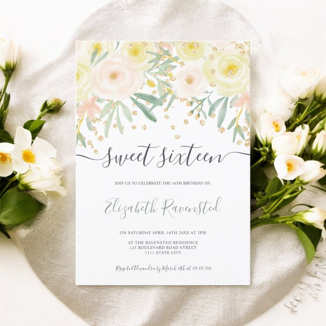 Den moderna gul ros-grönt-blommigten guld sweet si inbjudningar (Modern yellow rose green floral gold sweet sixteen invitation)