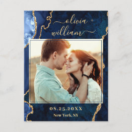 Den moderna Guld Blue Marble Agate PHOTO Save Date Vykort