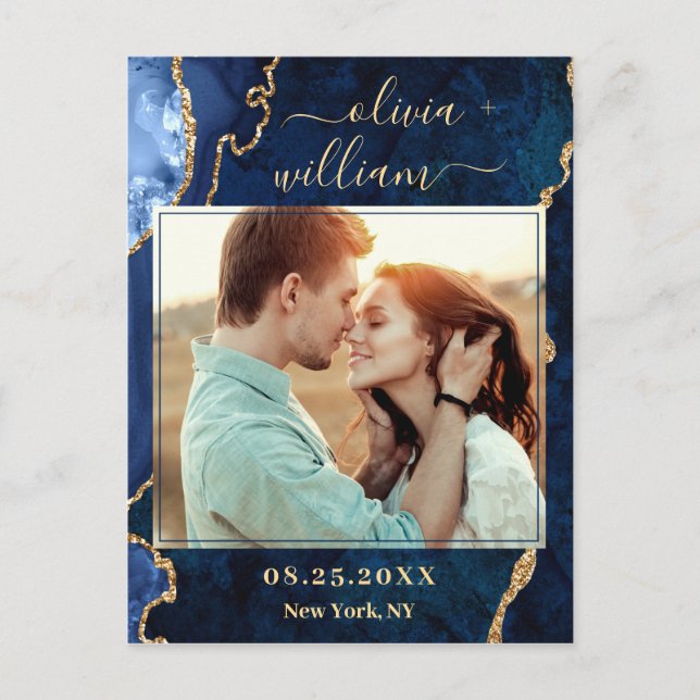 Den moderna Guld Blue Marble Agate PHOTO Save Date Vykort (Framsida)