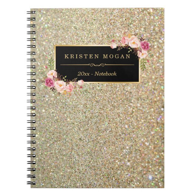 Den moderna Guld Glitter Sparkles Girly-Blommigten Anteckningsbok Med Spiral (Framsidan)
