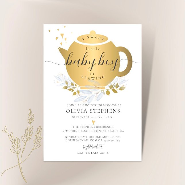 Den moderna Guld Greenery Baby Shower för tea Part Inbjudningar (Skapare uppladdad)
