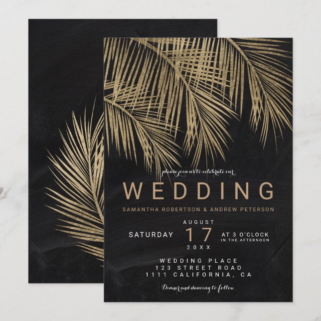 Den moderna guld-handflatan träd-börsktavla elegan inbjudningar (Fram/baksida)