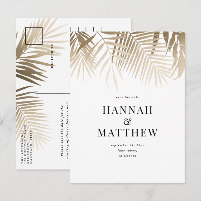 Den moderna guld-tropiska löv-klassen sparar datum inbjudan vykort (Fram/baksida)