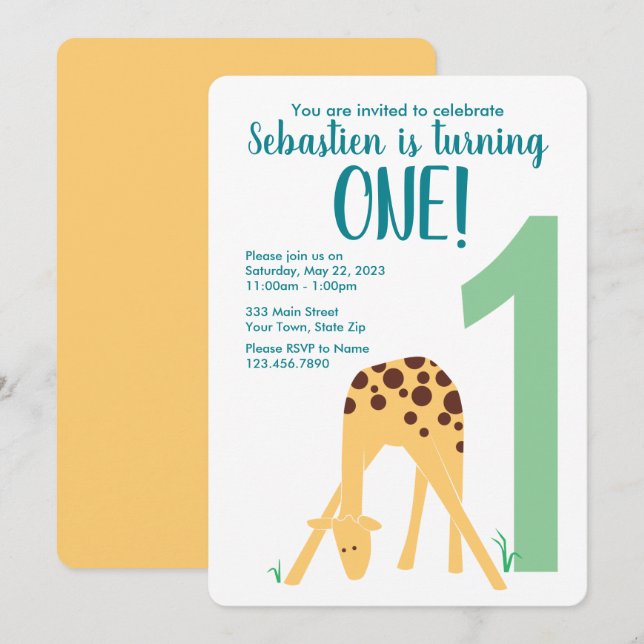 Den moderna Gulten Baby Giraffe Inbjudningar (Fram/baksida)