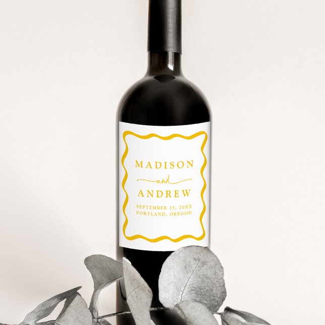 Den moderna Gulten Vågigt Ram Bröllop Vinflaska Etikett (Skapare uppladdad)