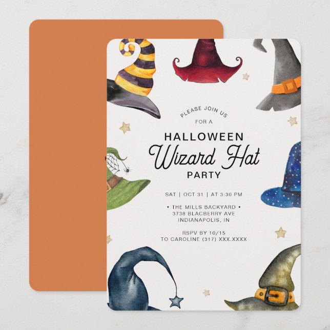 Den moderna Halloween-Orangen-guiden Hat Party Inbjudningar (Fram/baksida)
