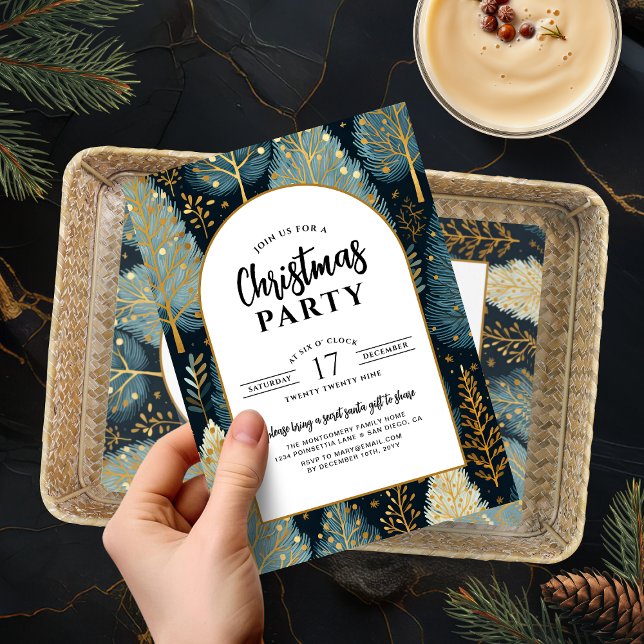 Den moderna Helgdag-julgranen i Guld, , Party Inbjudningar (Modern Gold Arch Holiday Forest Christmas Party Invitation)
