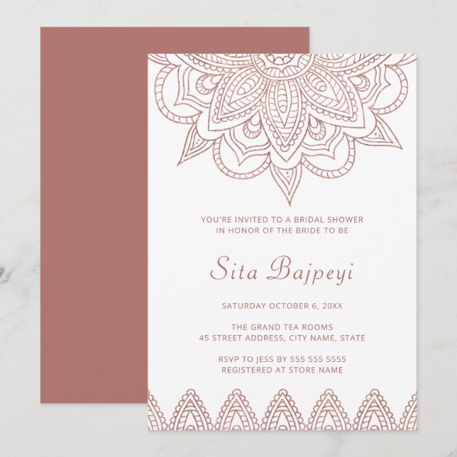 Den moderna indiska Ro Guld Mehndi Hindu-Möhippan Inbjudningar (Fram/baksida)