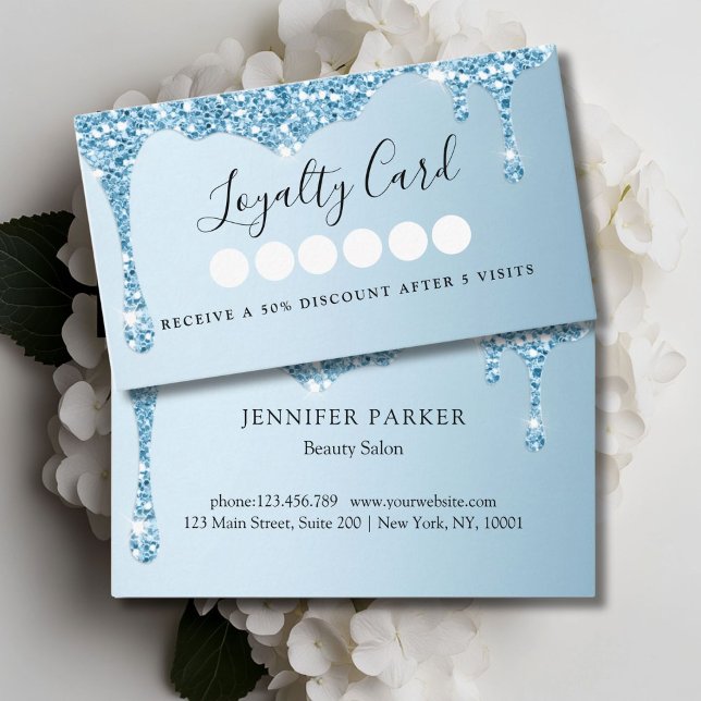 Den moderna jecblåblå Glitter-dumpsalon och Spa Lo Visitkort (Modern Iceblue Glitter Drop Salon & Spa Loyalty Business Card)