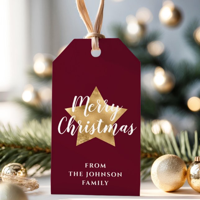 Den moderna julen Burgundy Guld Star Presentetikett (Modern Burgundy Gold Star Christmas Gift Tags)