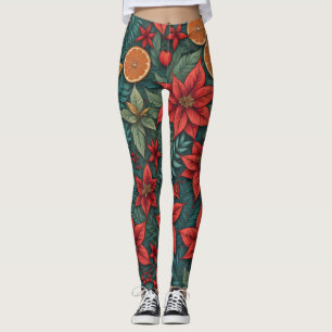 Den moderna julen Poinsettia Oranges Löv Leggings