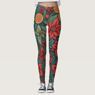 Den moderna julen Poinsettia Oranges Löv Leggings