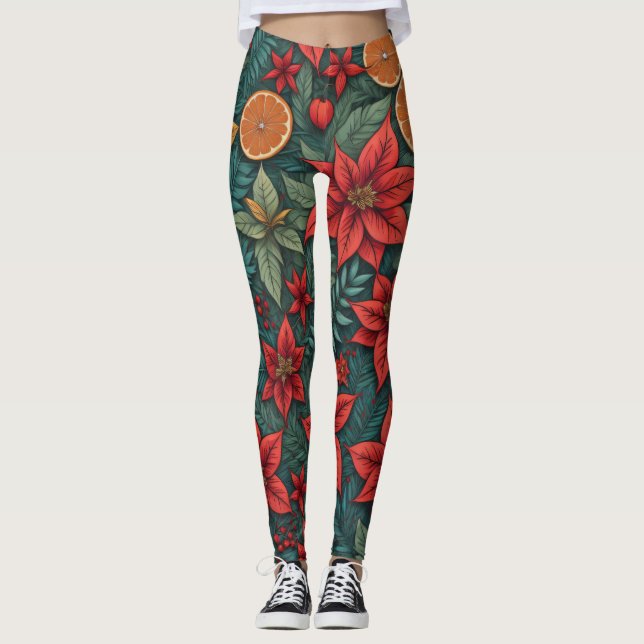 Den moderna julen Poinsettia Oranges Löv Leggings (Framsida)