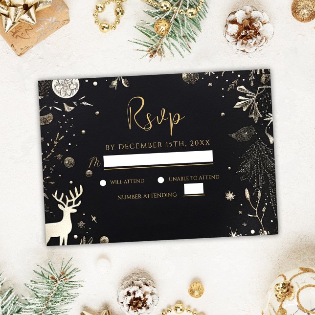 Den moderna julfesten Party Black Guld Helgdag OSA Kort (Modern Christmas Party Black Gold Festive Holiday RSVP Card)