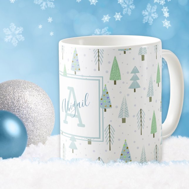 Den moderna julskogen Träd Blue Grönt Monogram Kaffemugg (Skapare uppladdad)