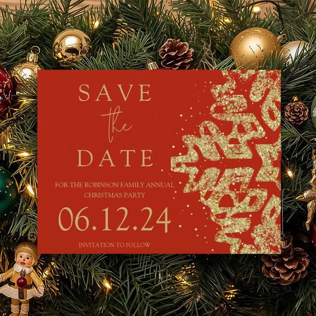 Den moderna julspardagen Spara datumet Guld Glitte Meddelande Vykort (Modern Christmas Save The Date Gold Glitter Red Announcement Postcard)