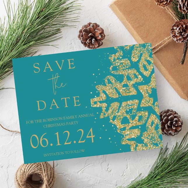 Den moderna julspardagen Spara datumet Guld Glitte Meddelande Vykort (Modern Christmas Save The Date Gold Glitter Teal Announcement Postcard)