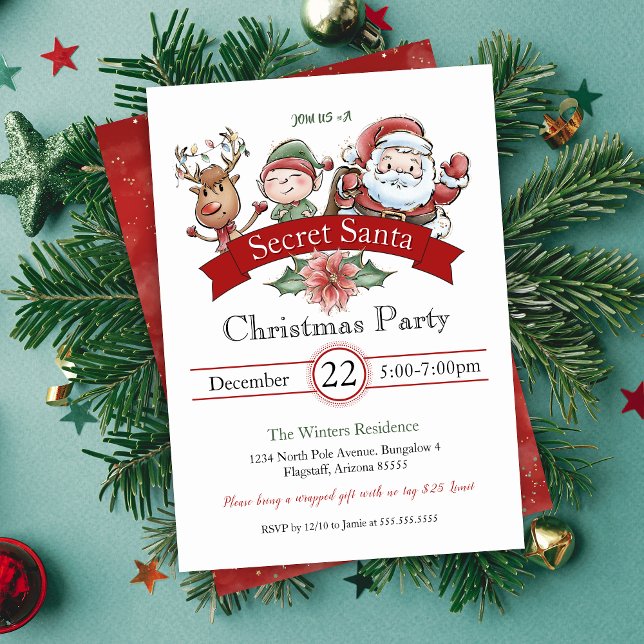 Den moderna jultomten i gift Exchange Secret Inbjudningar (cute secret santa party invitations for holiday office party or gift exchange white elephant party)