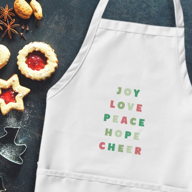 Den moderna jultypografin Joy Kärlek Peace Hope Förkläde (modern, bold, Christmas sayings baking apron in red and green)