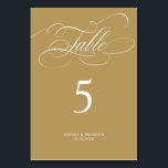 Den moderna kalligrafitidslinjen guld och vita brö bordsnummer<br><div class="desc">Ett tidlöst och elegant bröllop-bordsnummer med förfinat kalligrafiskript på klassisk bakgrund,  perfekt för ett formellt och sofistikerat bröllop firande. Kontakta mig gärna om du vill ha anpassade eller ytterligare produkter med den här designen.</div>