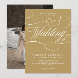 Den moderna kalligrafitidslinjen guld och vita brö inbjudningar