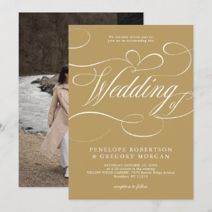 Den moderna kalligrafitidslinjen guld och vita brö inbjudningar