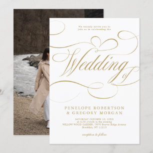 Den moderna kalligrafitidslinjen guld och vita brö inbjudningar