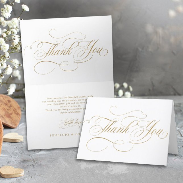 Den moderna kalligrafitidslinjen guld och vita brö tack kort (Calligraphy gold simple wedding thank you card)