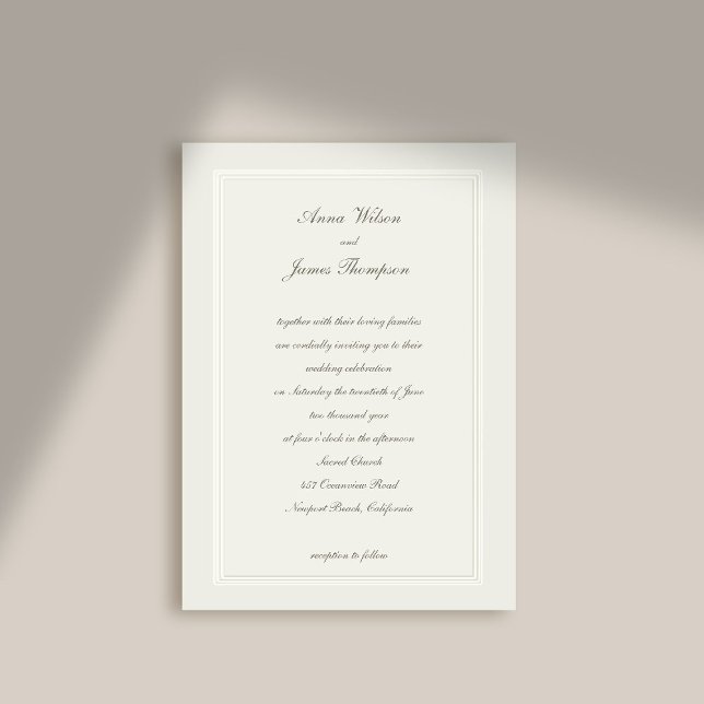 Den moderna klassiska Eleganten Ram Ecru Formal Br Inbjudningar (formal wedding invitation modern classic ecru double frame faux embossed calligraphy elegant stately)