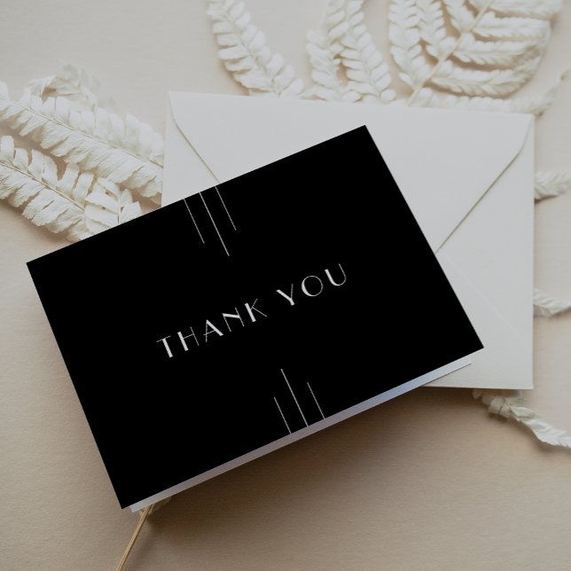 Den moderna konsthandlingen Black and White Bröllo Tack Kort (EVERLY Modern Art Deco Black and White Wedding Thank You Card)