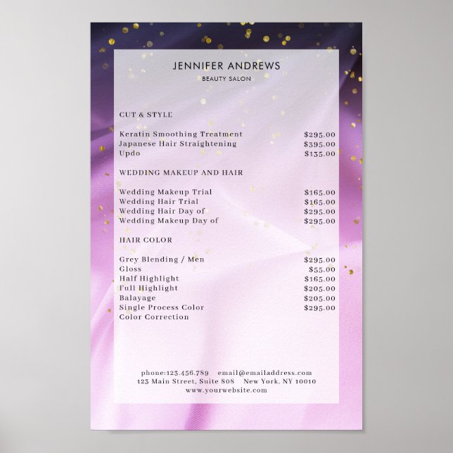 Den moderna, Lila Glitter Salon Pris List Poster (Framsidan)