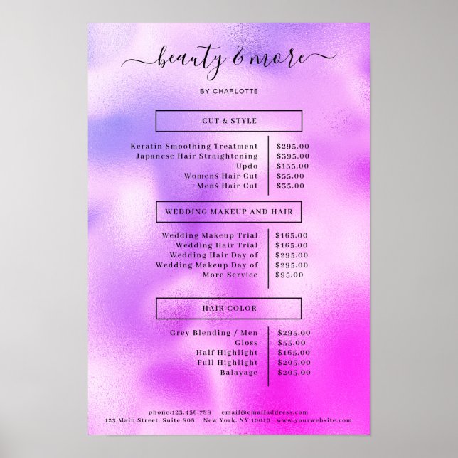 Den moderna Lila Simpel Salon Pris List Poster (Framsidan)