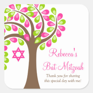 Den moderna Livets träd Rosa-Grönten Bat mitzvah Fyrkantigt Klistermärke