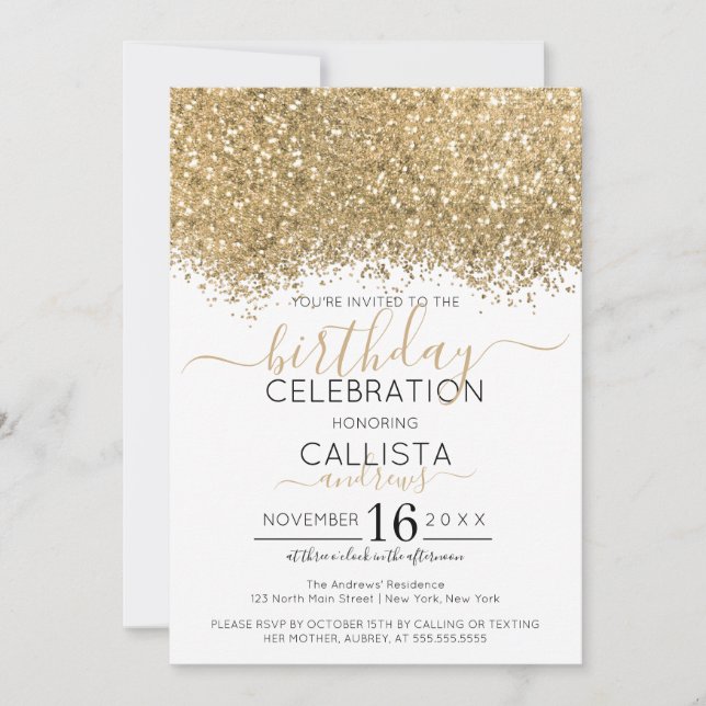 Den moderna Luxury Guld White Glitter Confetti Bir Inbjudningar (Framsida)