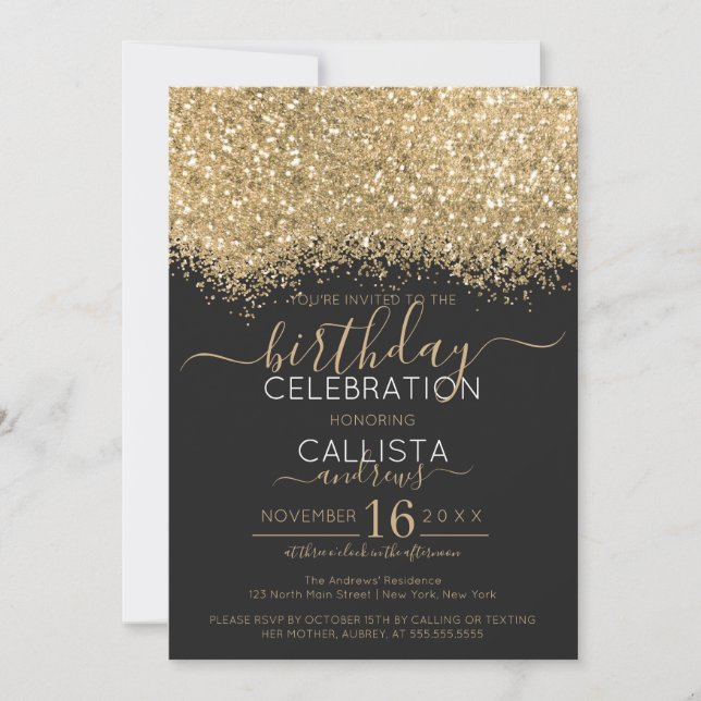 Den moderna lyxdagen Guld Black Glitter-konfetti-f Inbjudningar (Framsida)