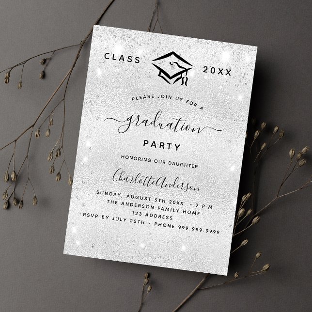 Den moderna lyxen studenten silver glitter inbjudningar (Skapare uppladdad)