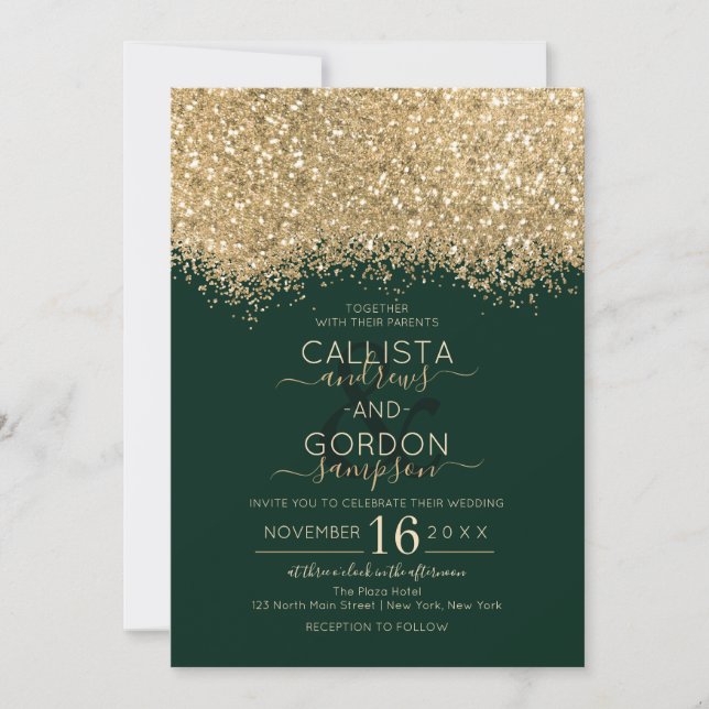 Den moderna lyxiska Guld Grönt Glitter Konfetti Br Inbjudningar (Framsida)