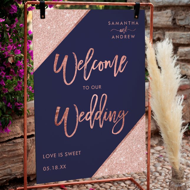 Den moderna marblåblåblåblåblåa bröllop poster (Modern rose gold glitter navy blue welcome wedding poster)
