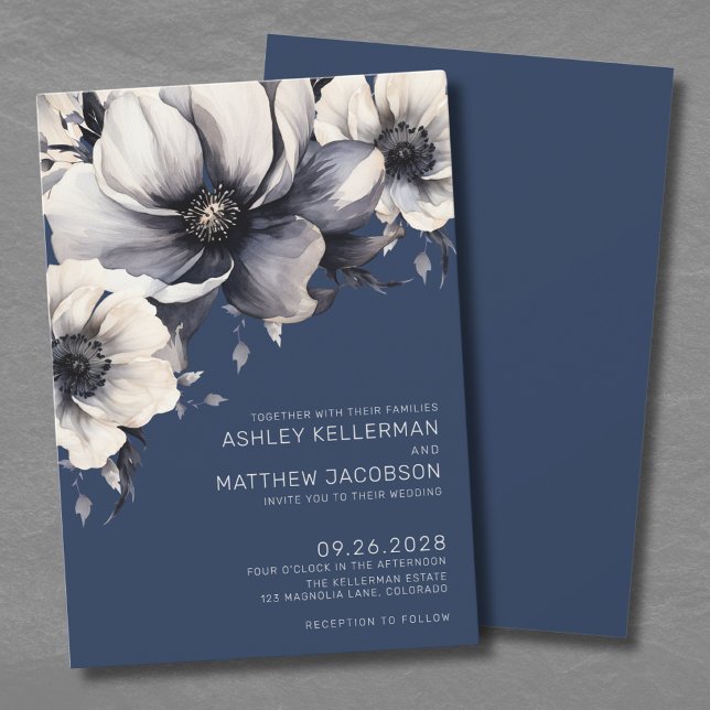 Den moderna marinblå Blommigten Bröllop Inbjudningar (Modern Navy Blue Floral Wedding Invitation)
