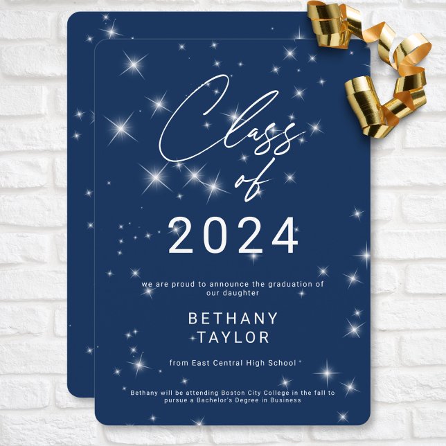 Den moderna marinblå och vita Gnistran Studenten Meddelande (Modern Navy Blue & White Sparkle Graduation Announcement)