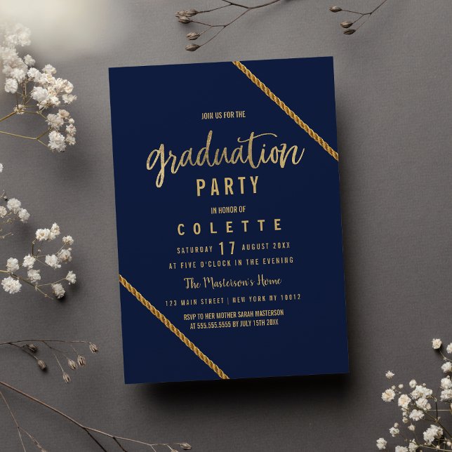 Den moderna marinblåfaux guld-Studentfesten Inbjudningar (Simple modern navy blue faux gold Graduation Party Invitation )