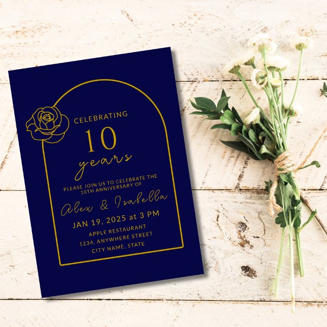 Den moderna marinen och Guld 10:e Bröllop-årsdagen Inbjudningar (Modern Navy blue and gold 10th year wedding anniversary invitation for party invite)