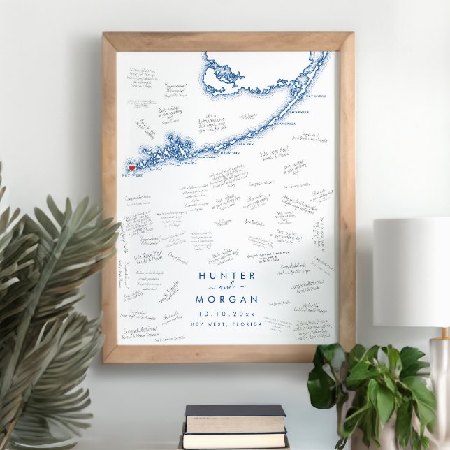 Den moderna maringästen nyckel Poster Väster i Brö (Key West FL Map Wedding Alternative Guest Book Poster in Modern Navy Blue from Coastal Map Designs)
