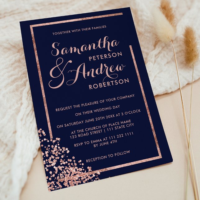 Den moderna marinkonfietti bröllop i ram i ro i gu inbjudningar (Modern rose gold frame navy confetti wedding invitation)