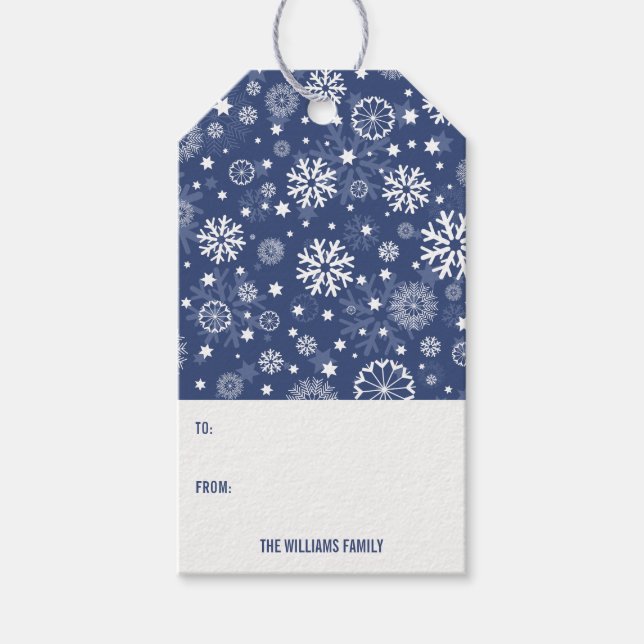 Den moderna Märkrn "Blue Snowflake jul Helgdag Gif Presentetikett (Framsidan)