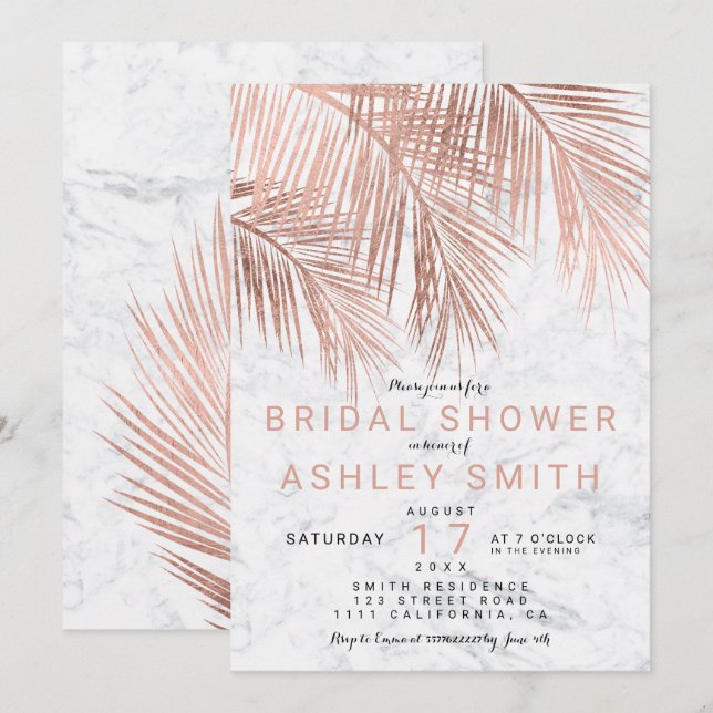 Den moderna marmor Möhippan ro guld handflatan trä Inbjudningar (Fram/baksida)