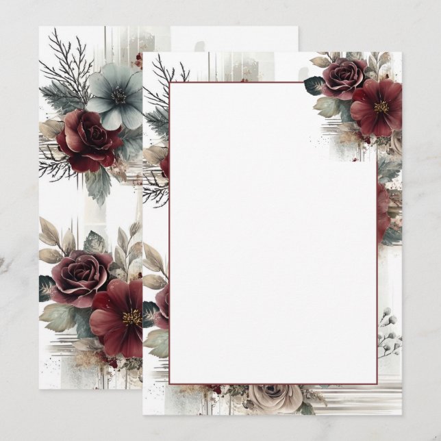 Den moderna maronens Blommigt Blank Bröllop Inbjudningar (Fram/baksida)